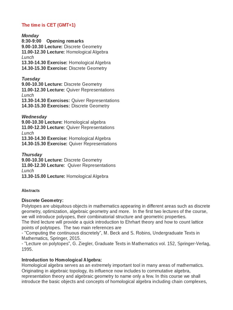 EAALG Workshop Programme | PDF | Representation Theory | Geometry