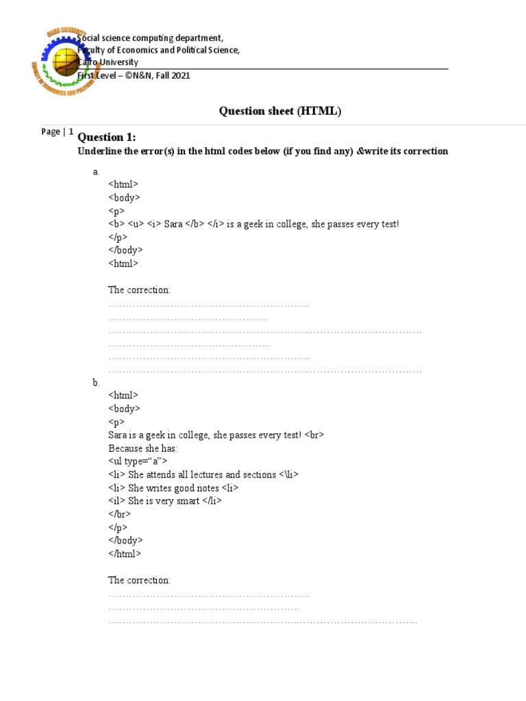 Question Sheet (HTML) : Underline The Error(s) in The HTML Codes Below ...