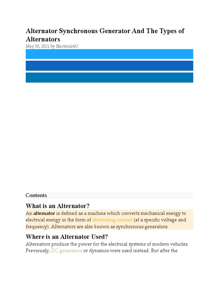 Alternator Synchronous Generator and The Types of Alternators PDF