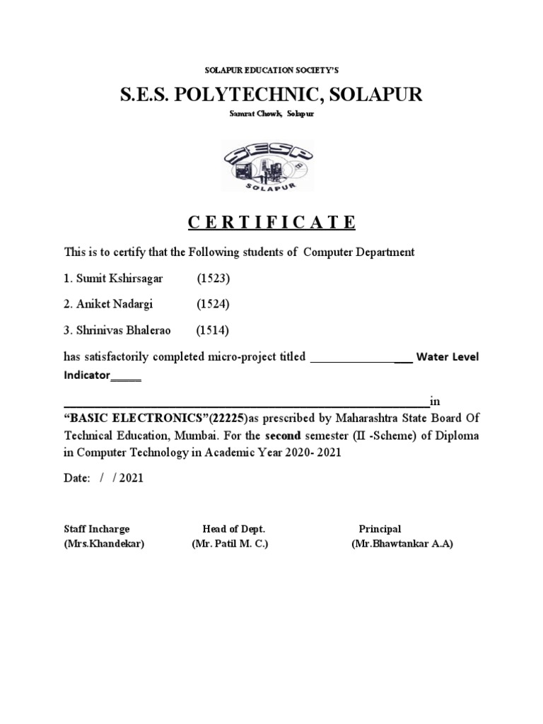 S.E.S. Polytechnic, Solapur: Certificate | PDF | Electronics | Water