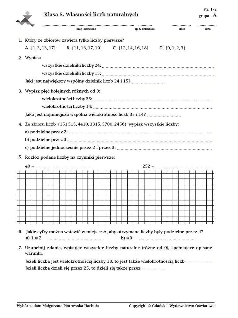 Własności Liczb Naturalnych Klasa 5 Sprawdzian Z Odpowiedziami KL.5 SPRAWDZIAN 2-Własności liczb naturalnych - questions | PDF