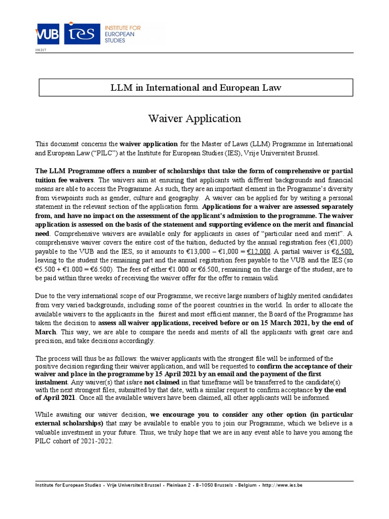 Waiver Application: LLM in International and European Law | PDF ...