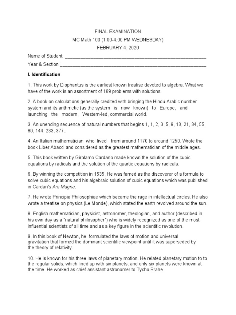 A Comprehensive Final Exam on the History of Mathematics Covering Major ...