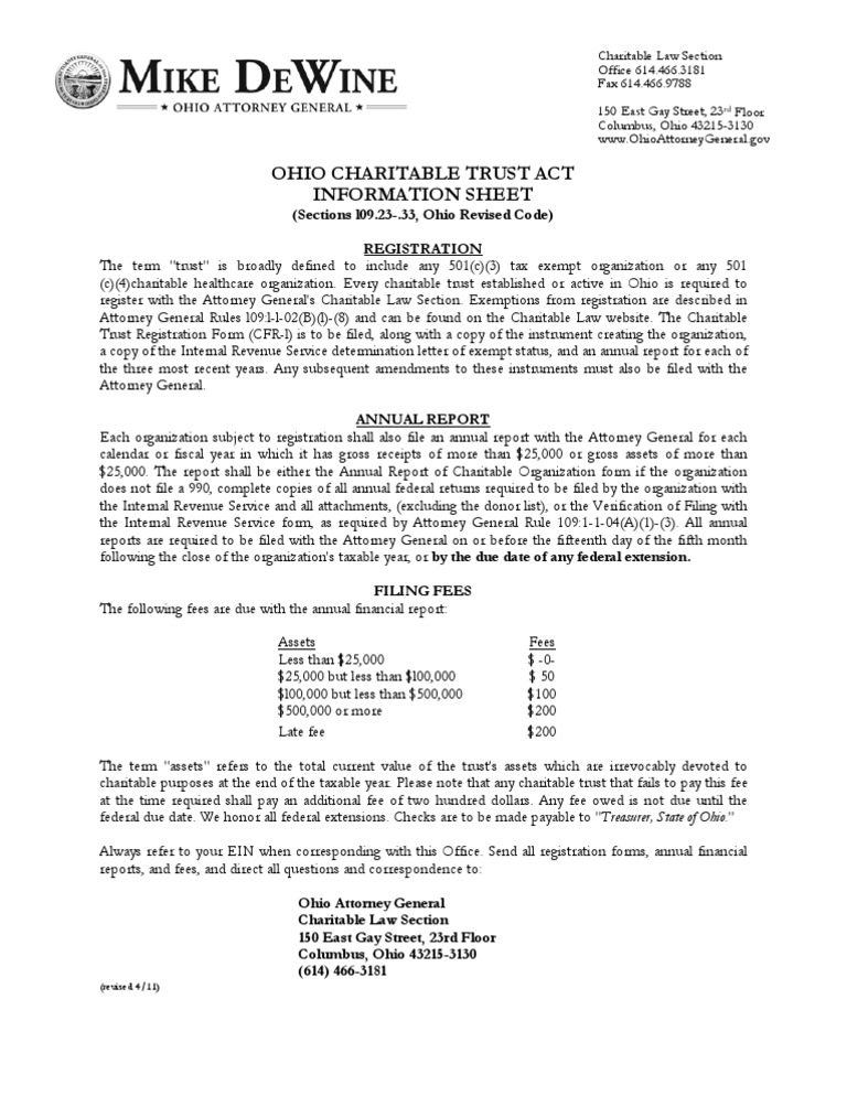 Ohio Charitable Trust Act Information Sheet PDF Charitable