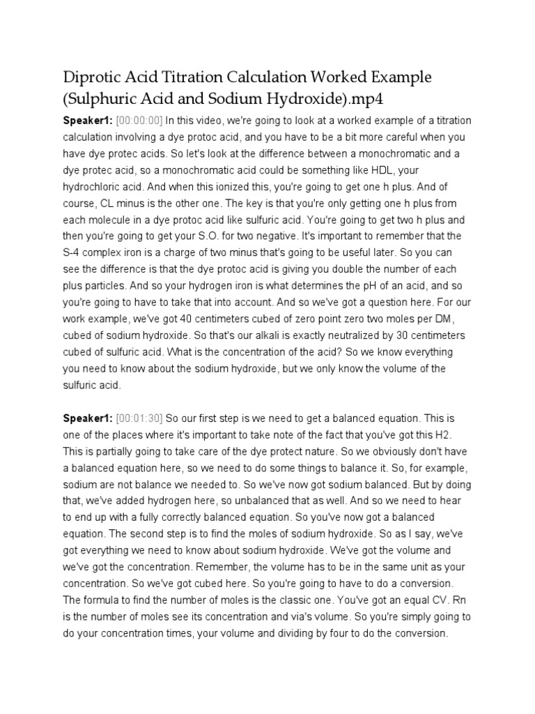 Diprotic Acid Titration Calculation Worked Example Sulphuric Acid and