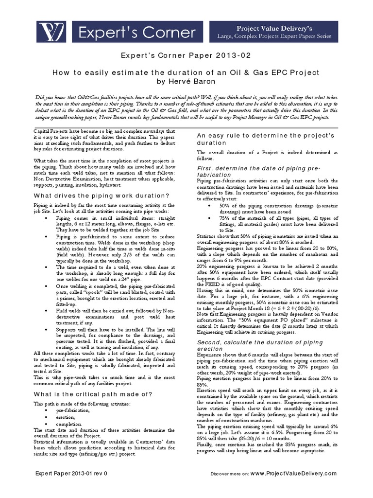 How To Easily Estimate The Duration of An Oil & Gas EPC Project | PDF ...