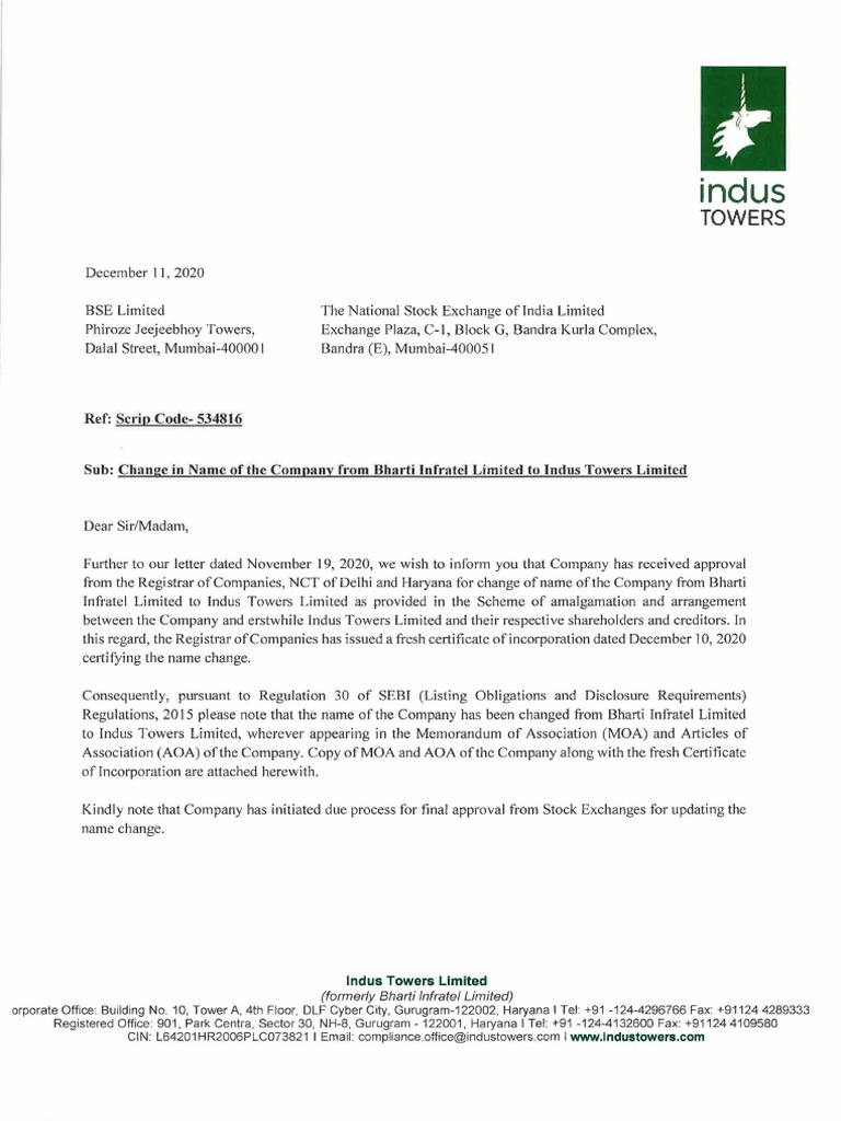 Indus Towers Change in Name PDF Securities (Finance) Debenture