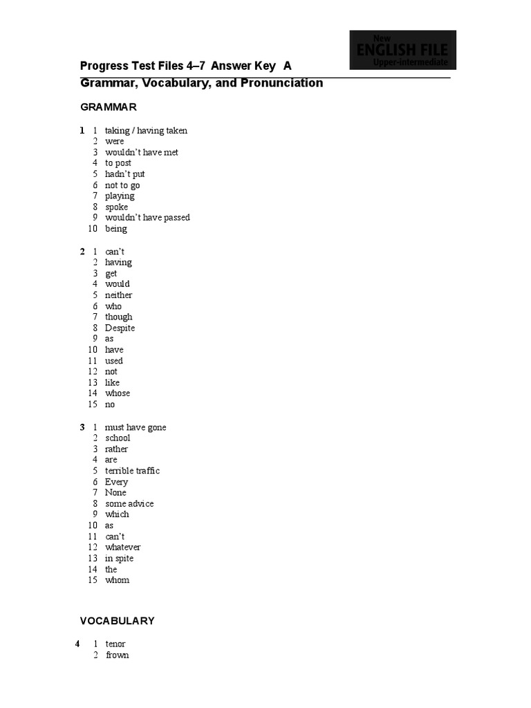 Progress Test Files 4-7 Answer Key A Grammar, Vocabulary, and ...