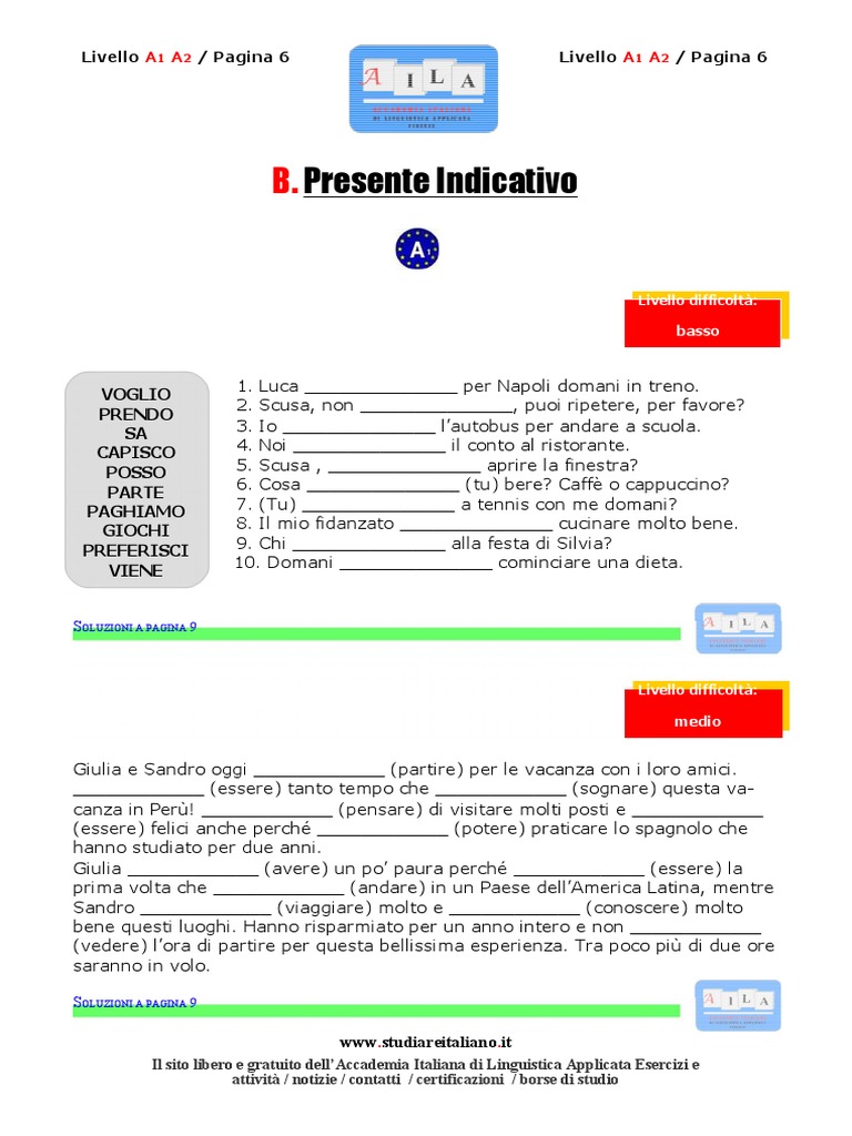 Presente Indicativo: 1. Inseriamo I Verbi Dati | PDF, image size:768x1024