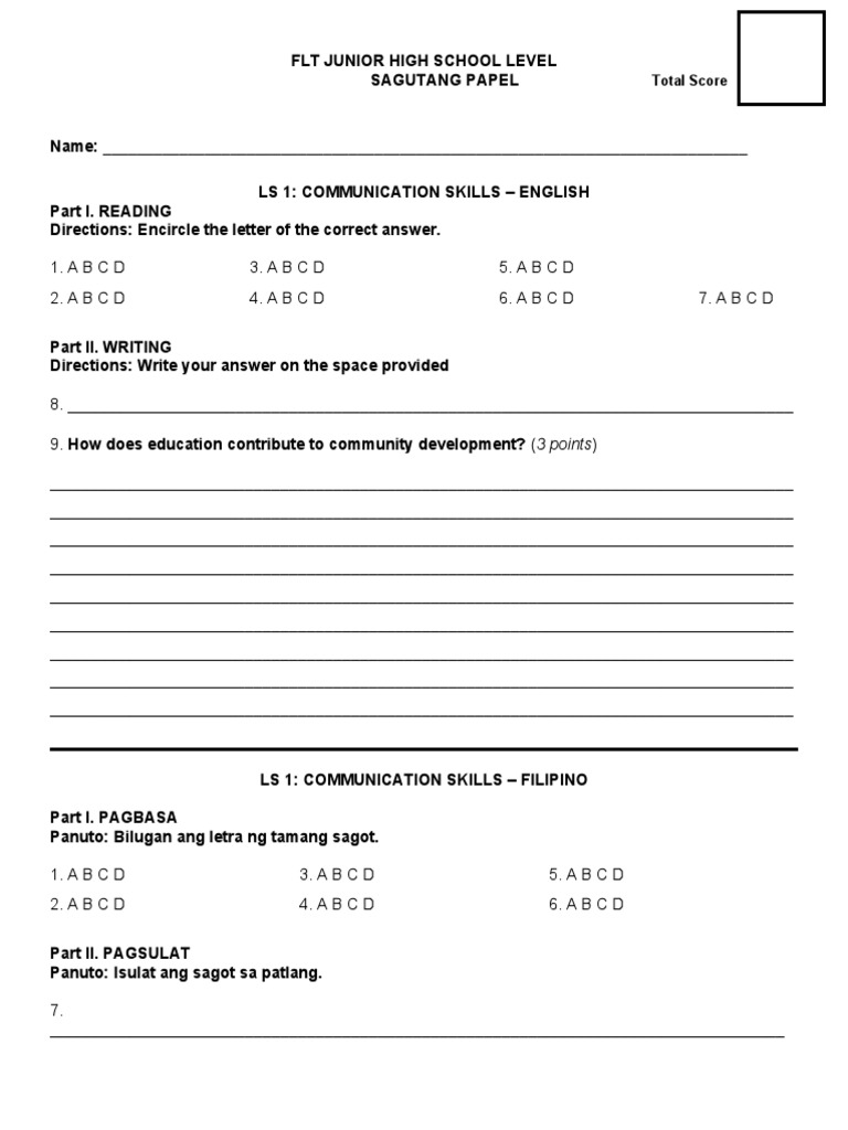 JHS FLT Answer Sheet PDF Teaching Education Theory