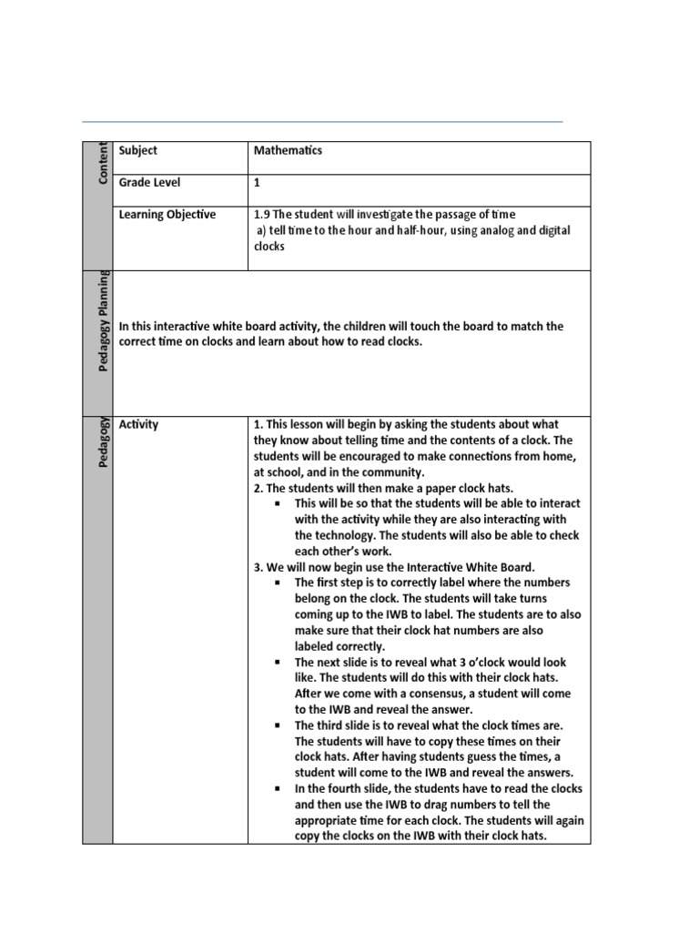 Iwb Lesson Plan-1st Grade - Telling Time | PDF | Clock | Pedagogy