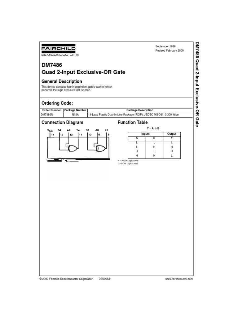 DM7486 Quad 2-Input Exclusive-OR Gate: General Description | PDF