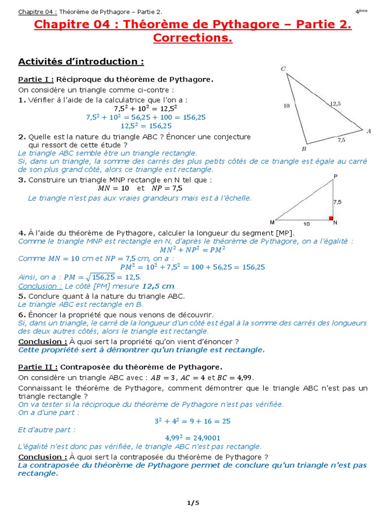 C est Quoi L égalité De Pythagore Chapitre 04 - Théorème de Pythagore - Partie 2 - Corrections | PDF |  Triangle | Expression booléenne