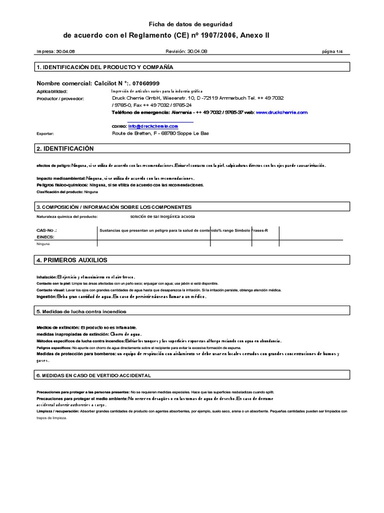 Ficha de Seguridad: Calcilot | PDF | Agua | Residuos