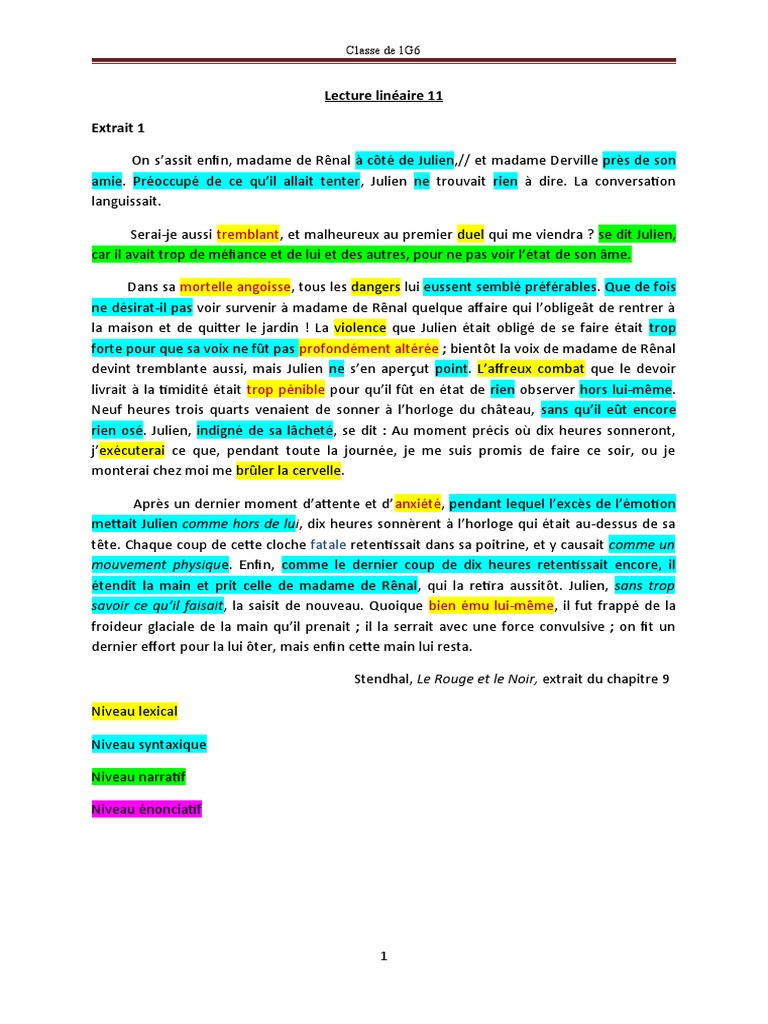 Analyse Linéaire Le Rouge Et Le Noir Chapitre 4 1G6 Lecture Linéaire 11 | PDF