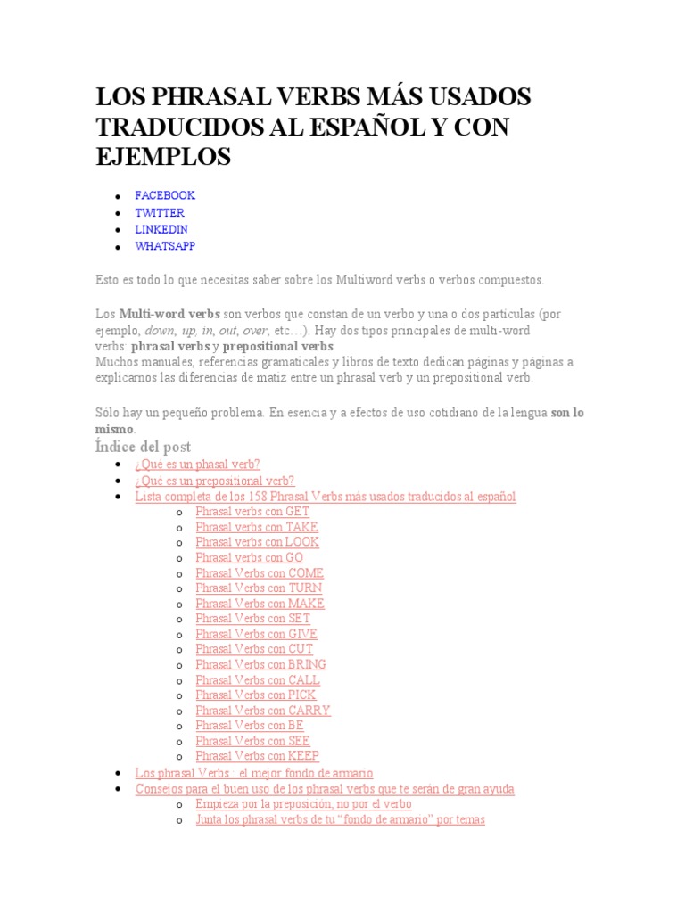 Phrasal Verbs Esenciales En Español Pdf Mecánica Del Lenguaje