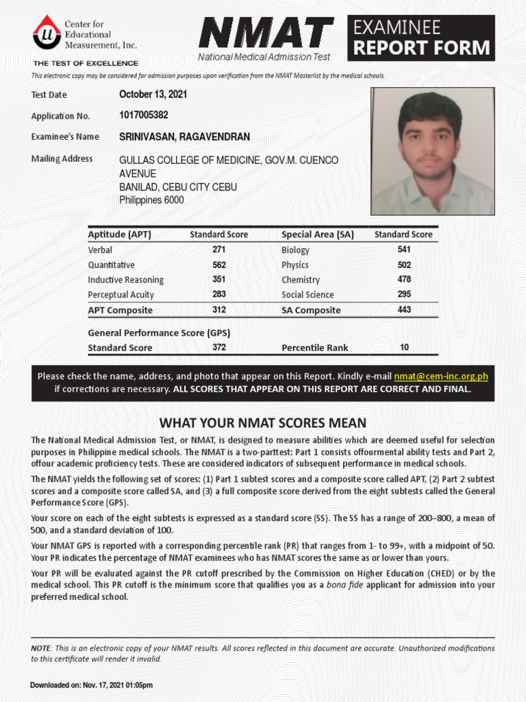 Report Form What Your Nmat Scores Mean PDF Medical School