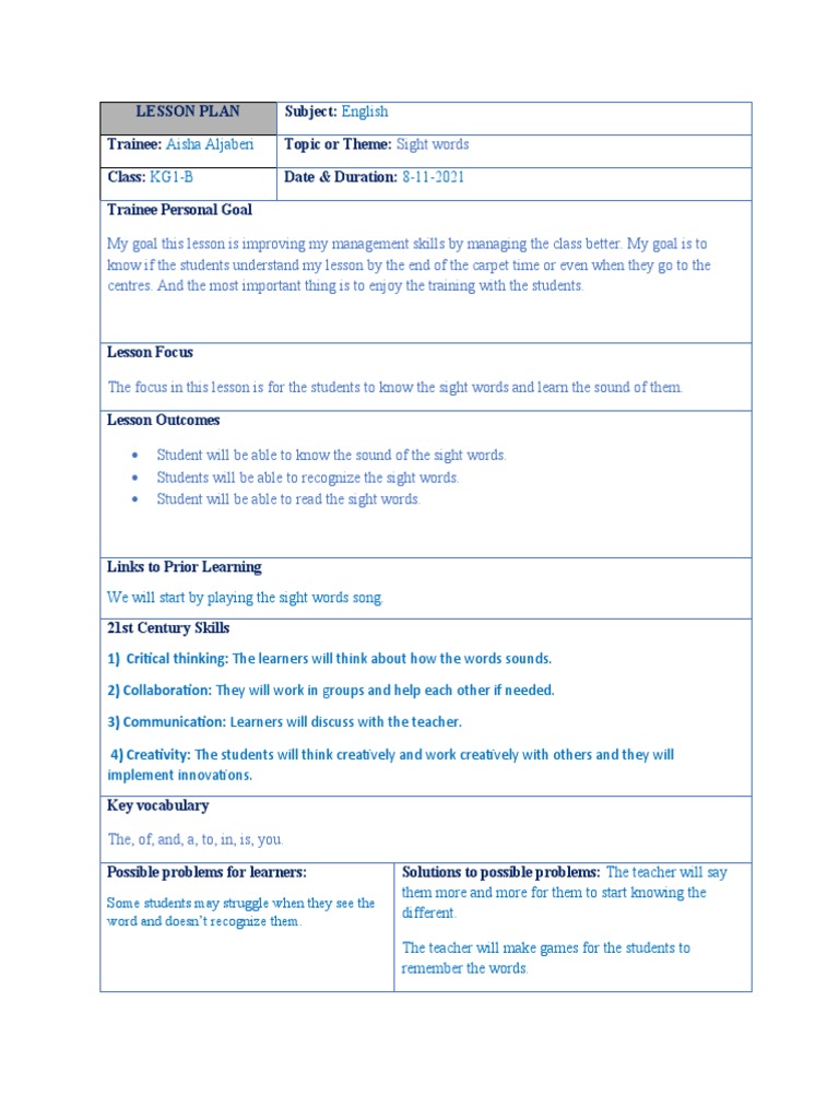 Lesson Plan Sight Words | PDF | Lesson Plan | Learning