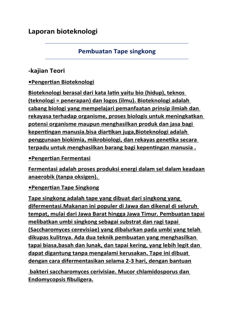 Laporan Bioteknologi Pembuatan Tape | PDF