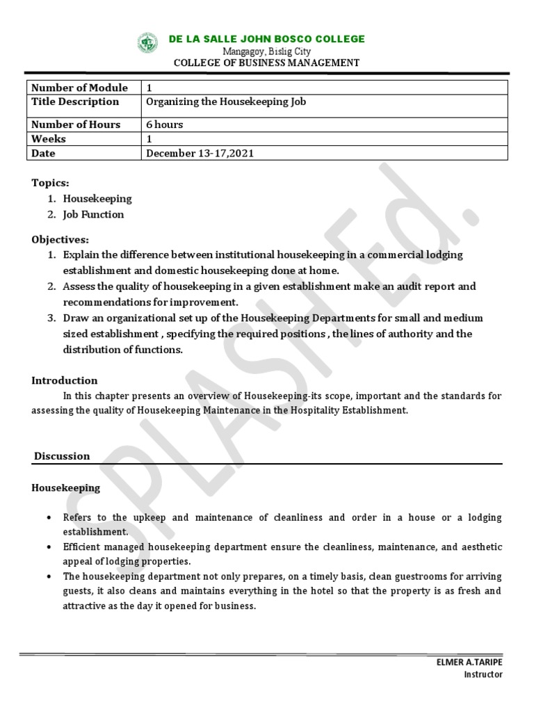 Introduction in Housekeeping PDF Housekeeping Hotel