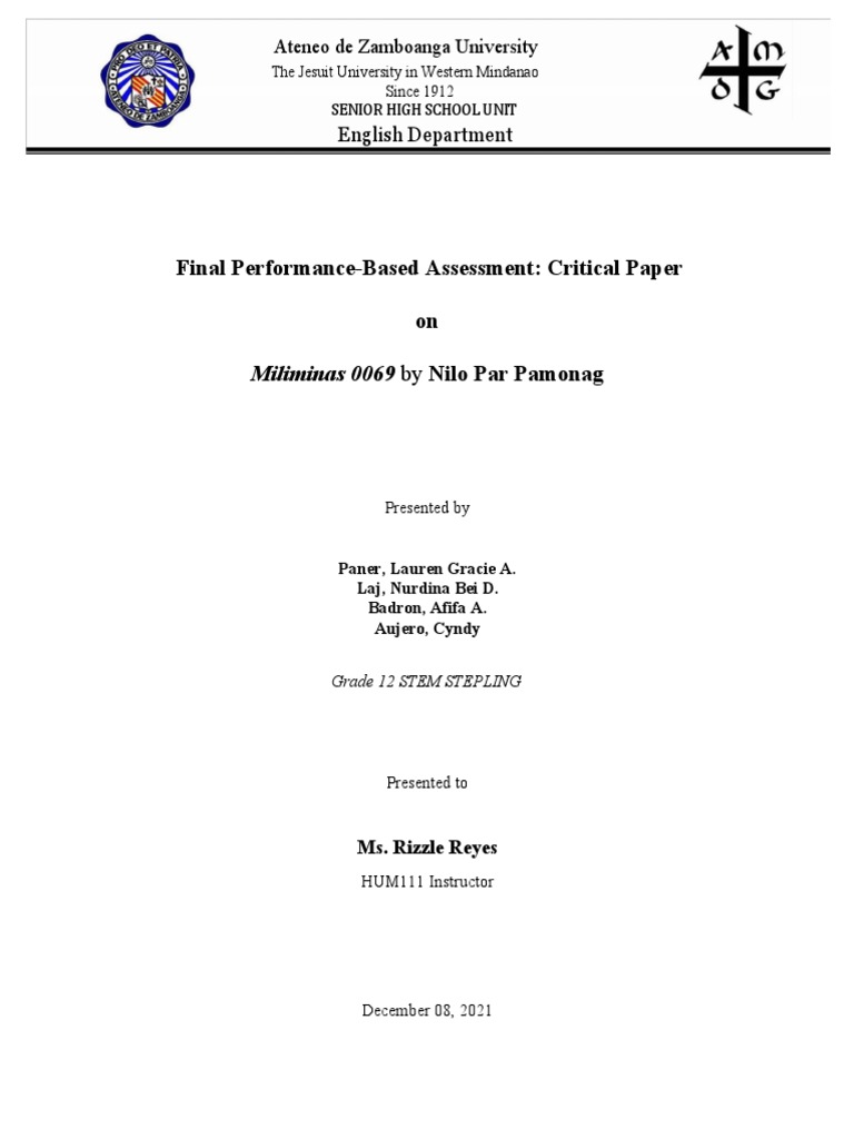 Final Performance-Based Assessment: Critical Paper: Ateneo de Zamboanga ...