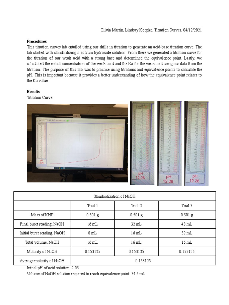 Titration Curves Lab Report PDF Chemistry Titration