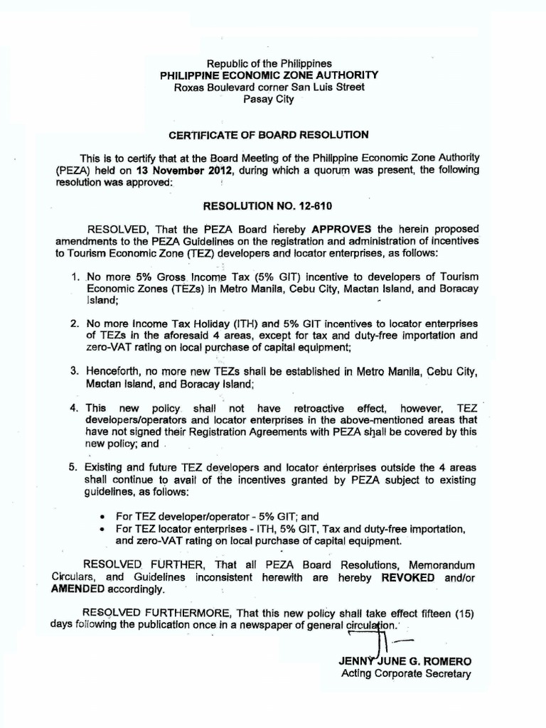 PEZA Resolution No. 12610 PDF