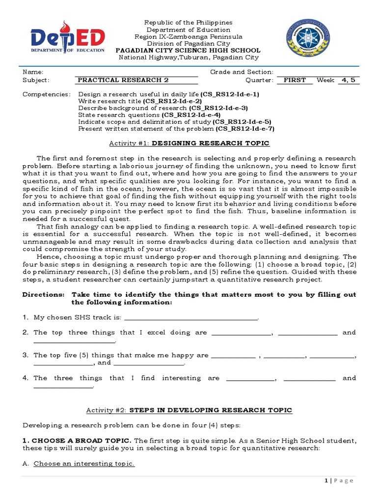 PRACTICAL RESEARCH 2 Week 4 Week 5 Activity Sheets | PDF | Quantitative  Research | Science