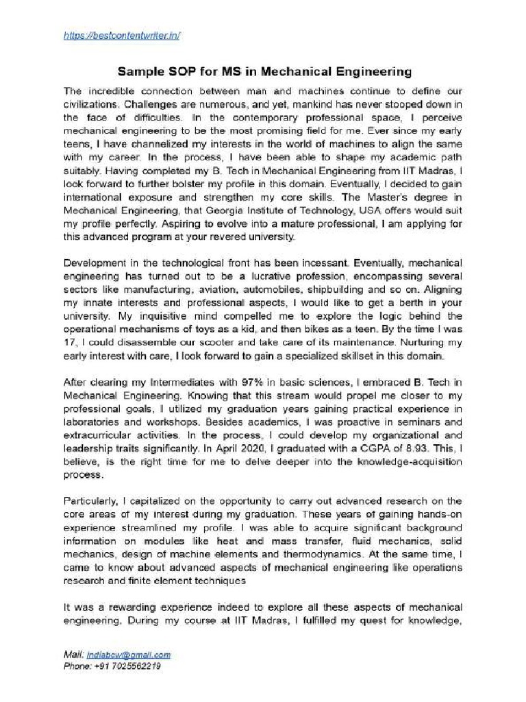 Sample Sop For Ms in Mechanical Engineering PDF | PDF