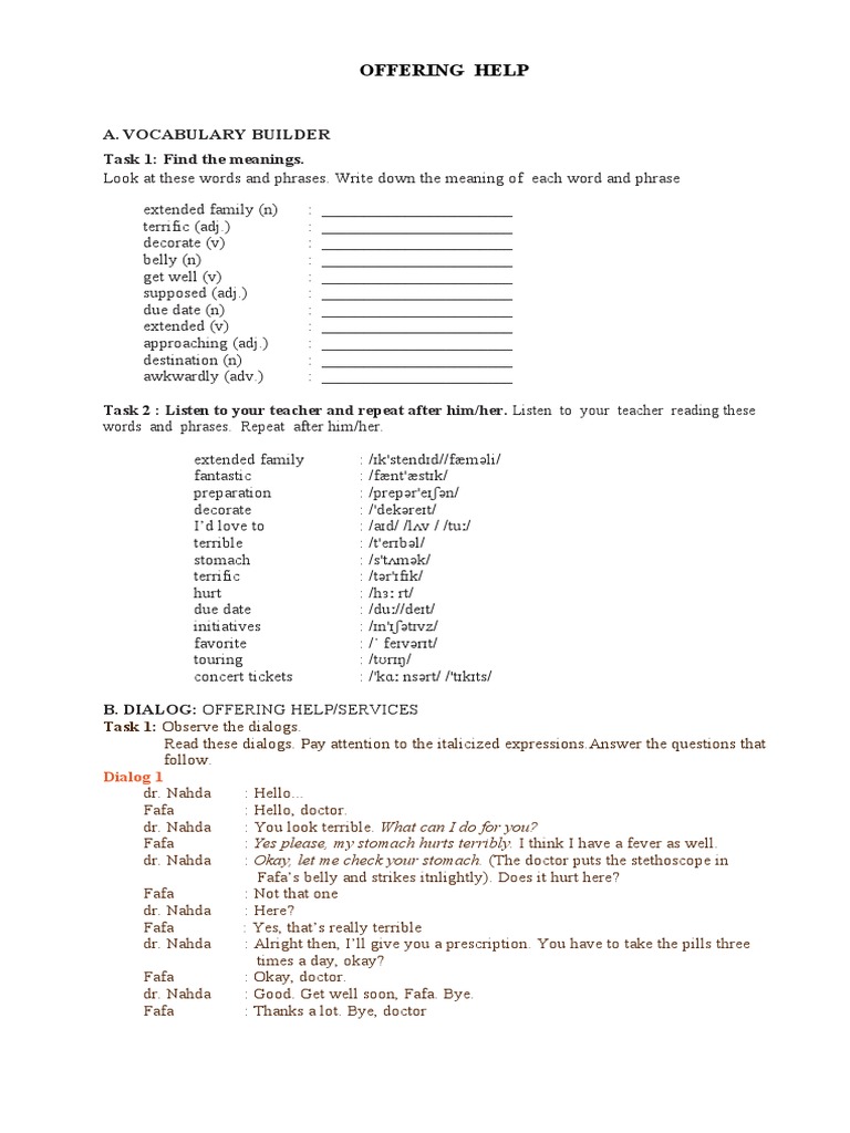Vocabulary and Dialogs for Offering Help | PDF