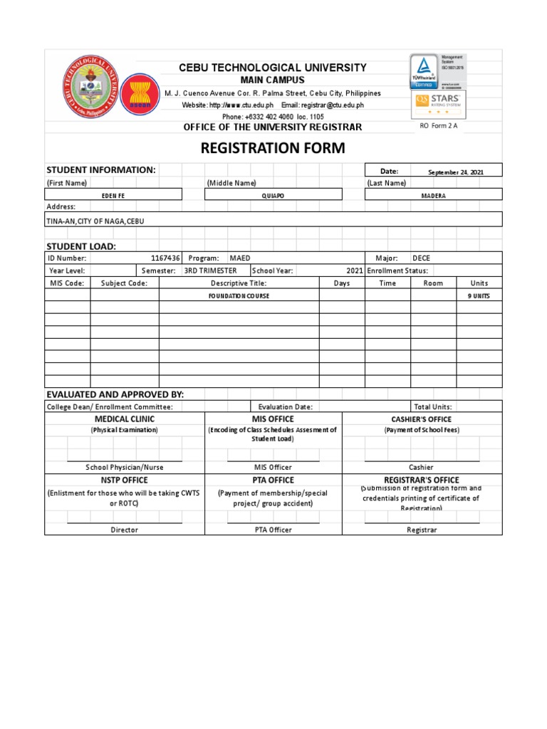 CTU Registration Form and Details | PDF | Medicine | Health Sciences