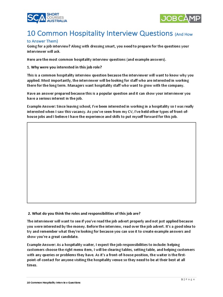 10 Common Hospitality Interview Questions PDF Waiting Staff Interview