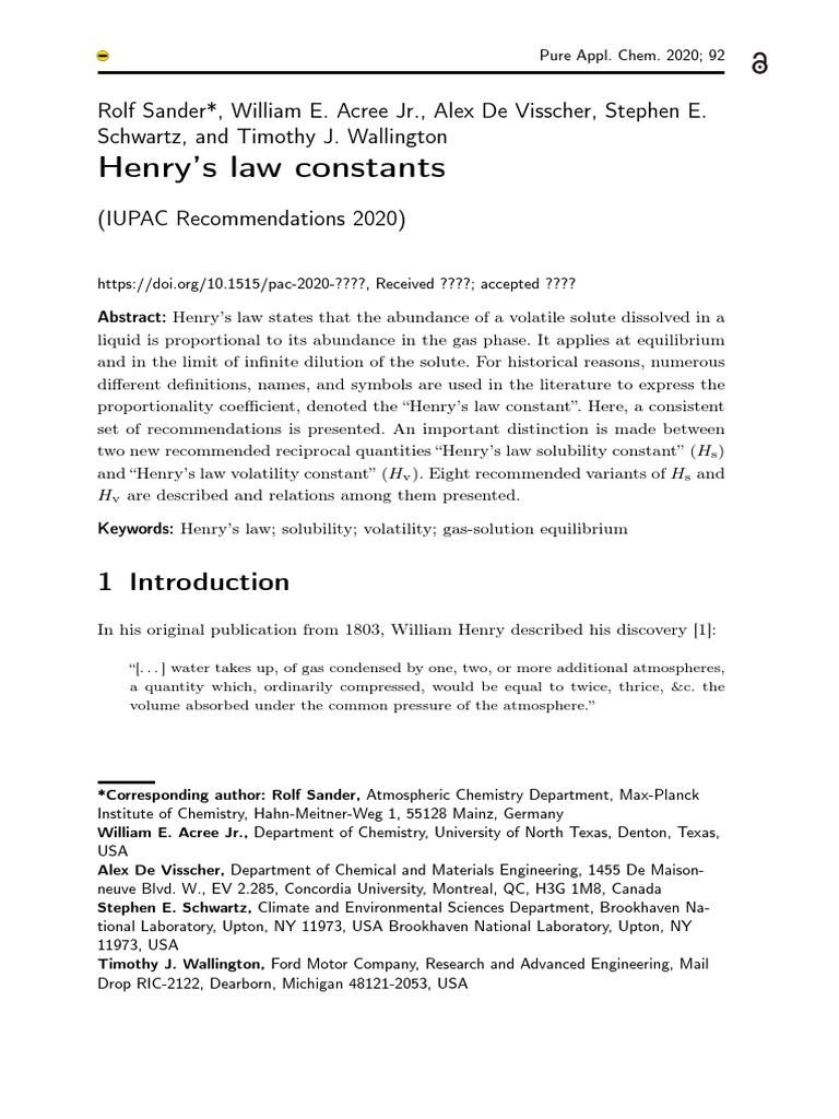 Henry's Law Constants | PDF | Concentration | Chemistry