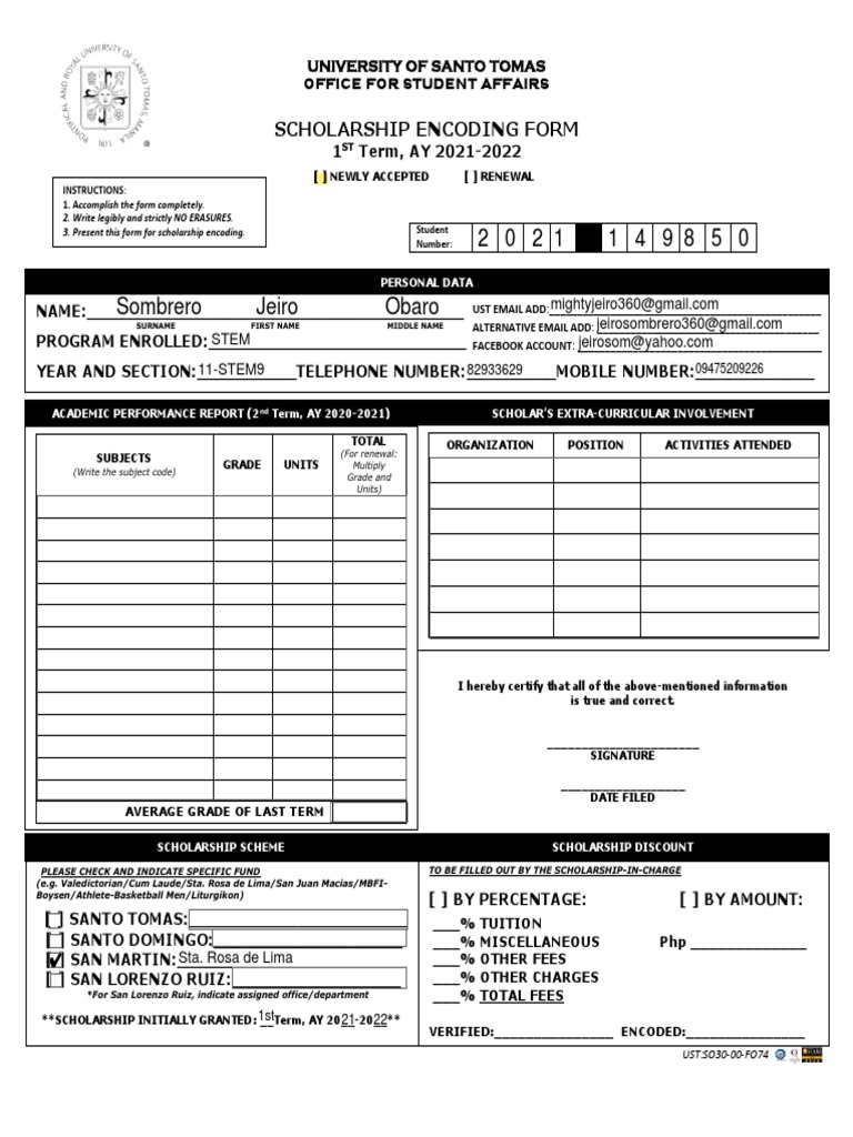 UST Scholarship Encoding Form 2021-2022 | PDF