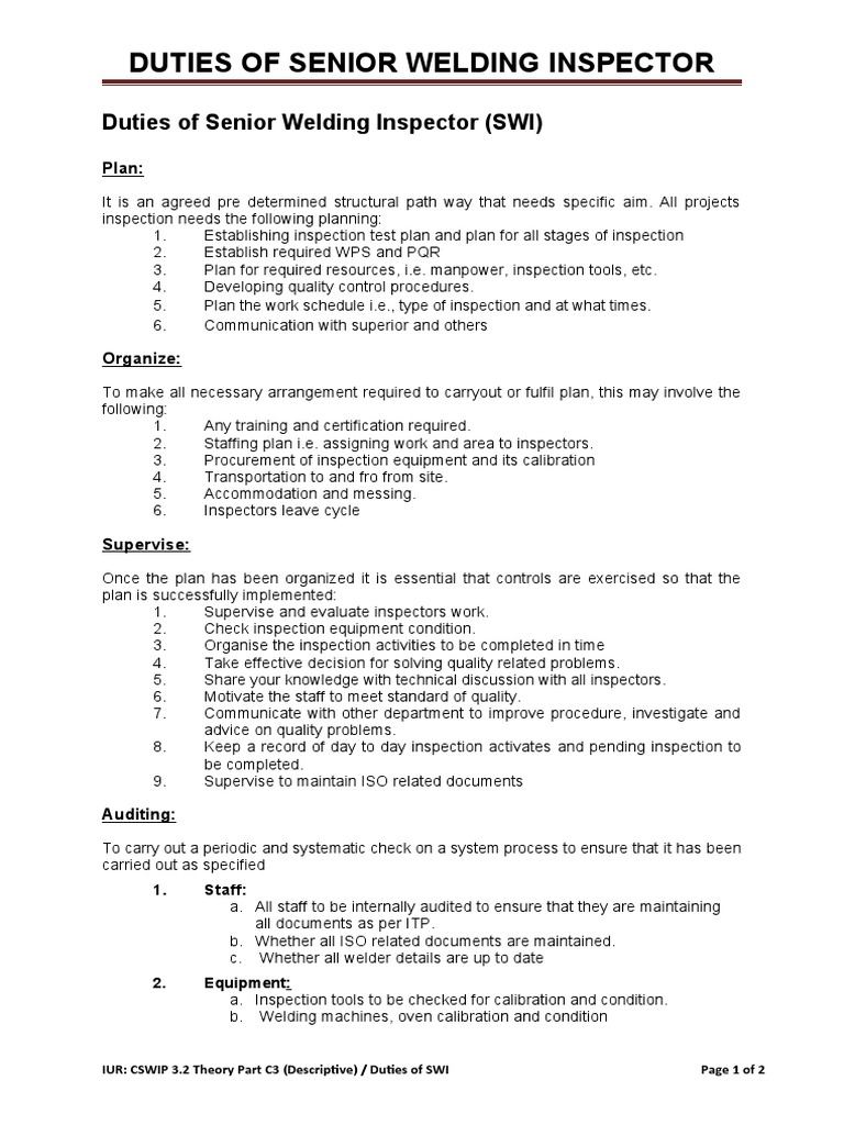 Duties of Senior Welding Inspector (SWI) PDF Calibration Welding