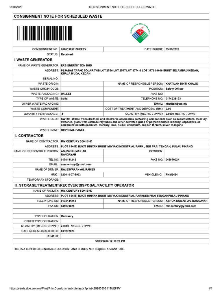 Consignment Note For Scheduled Waste PDF