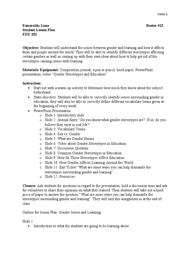 Gender Stereotypes in Education Lesson Plan | PDF | Gender Studies | Gender