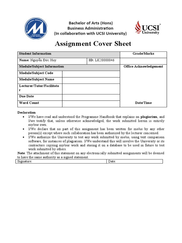 Assignment Cover Sheet: Bachelor of Arts (Hons) Business Administration ...