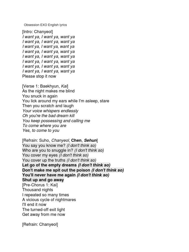 Obsession EXO English Lyrics PDF Song Structure