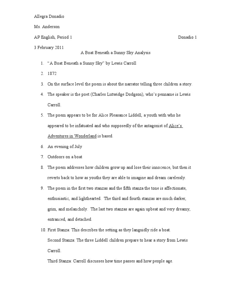 A Boat Beneath A Sunny Sky Analysis PDF Lewis Carroll Poetry