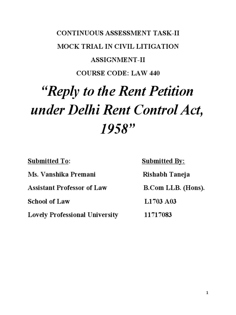 Reply To The Rent Petition Under Delhi Rent Control Act, 1958 PDF