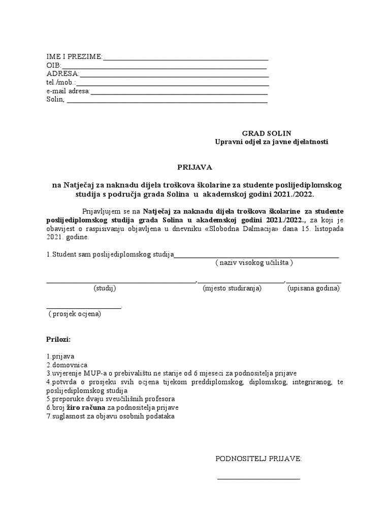Prijava Na Natjecaj Za Studente Poslijediplomskih Studija 2021 2022 | PDF