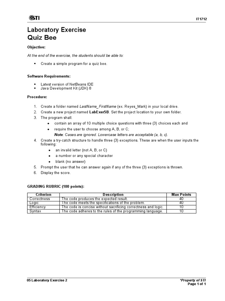Laboratory Exercise Quiz Bee Objective PDF