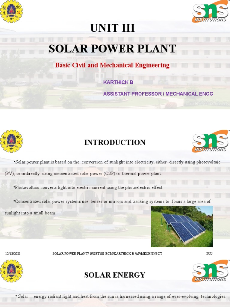 Unit Iii Solar Power Plant: Basic Civil and Mechanical Engineering