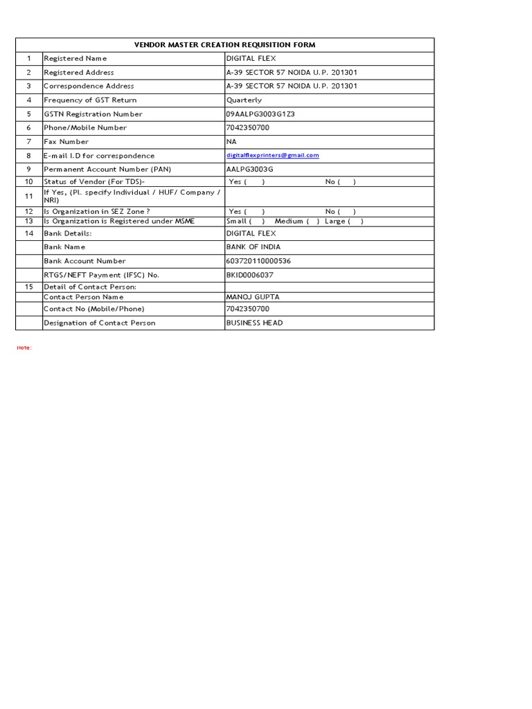Vendor Master Creation Form | PDF | Business | Law