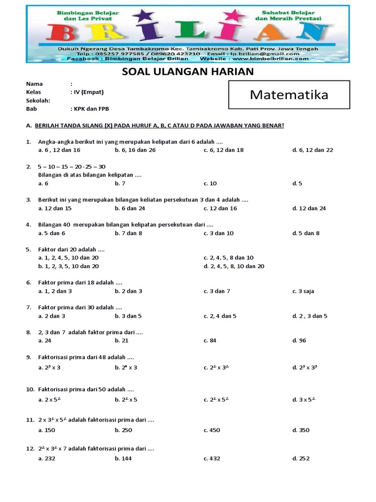 Soal Matematika Kelas 4 SD Bab 4 KPK Dan FPB Dan Kunci Jawaban | PDF