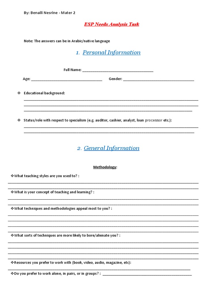 ESP Needs Analysis for English Learners | PDF | English Language | Speech