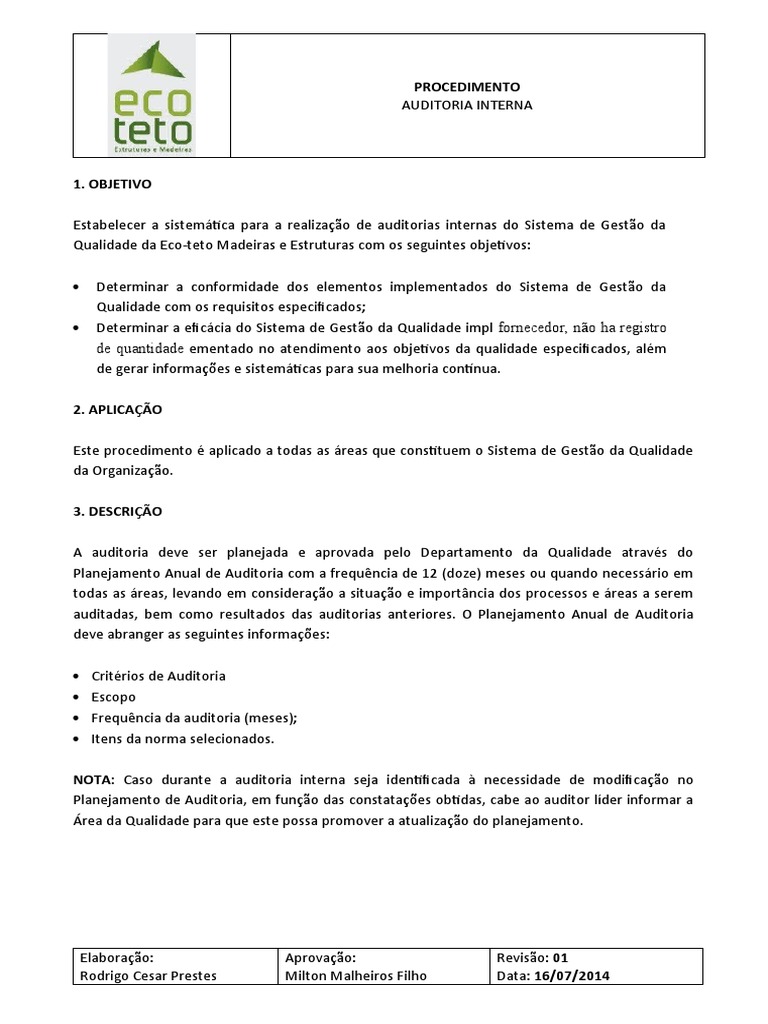 Procedimento de Auditoria Interna | PDF | Auditoria interna | Qualidade ...