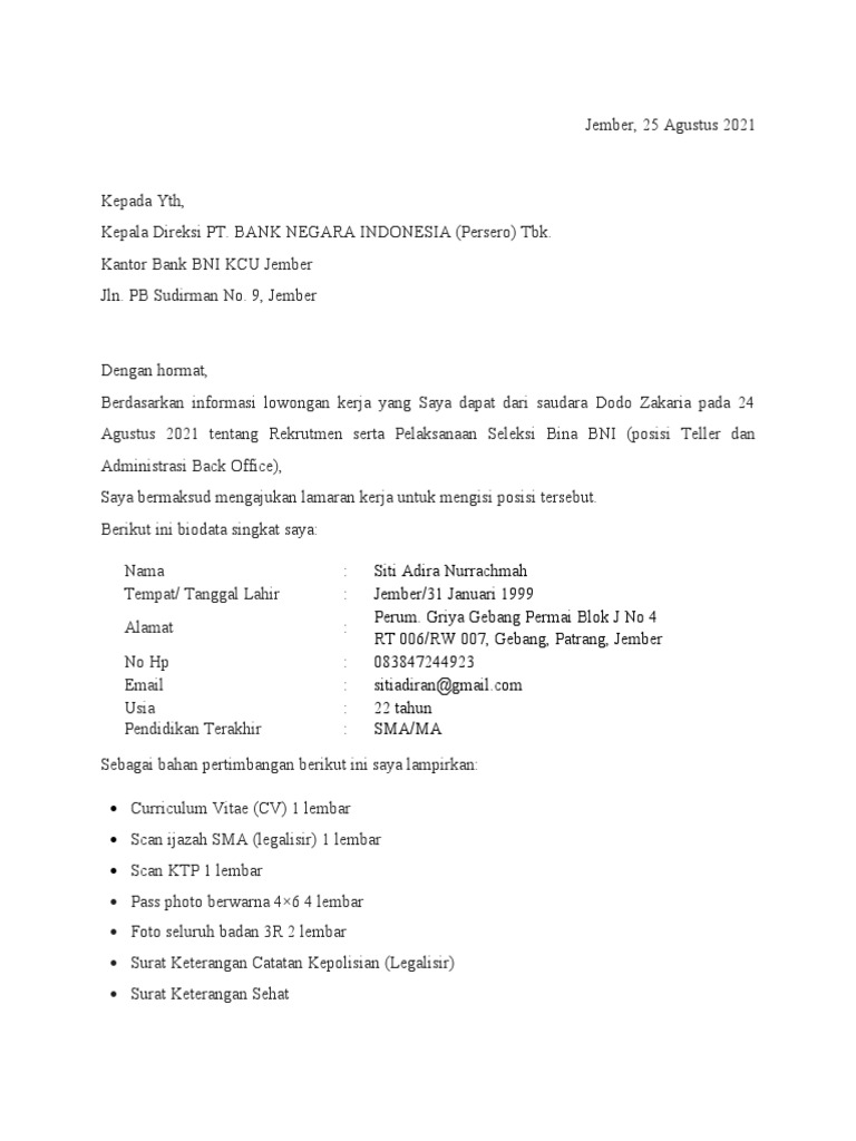 Surat Lamaran Kerja BNI ADIRA | PDF