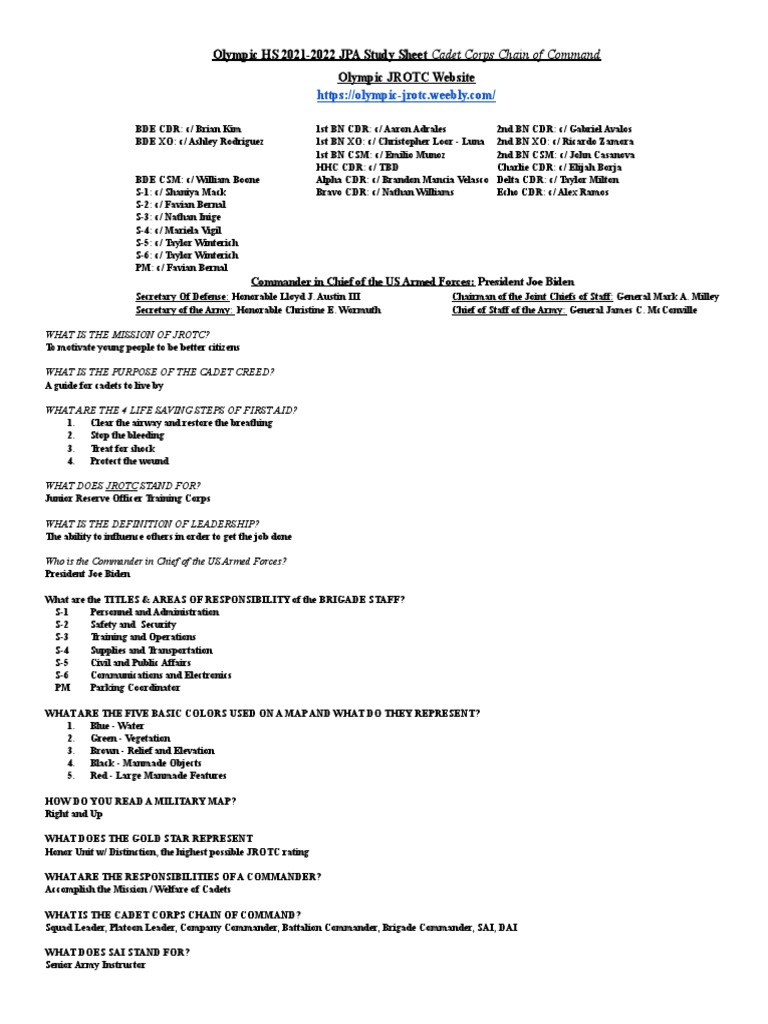 JROTC Cadet Corps Chain of Command | PDF | Staff (Military ...